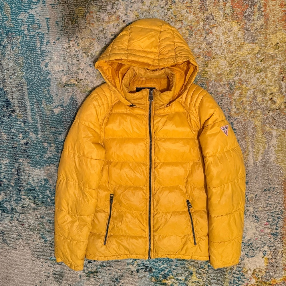 Vtg Guess Yellow Quilted Hooded Puffer down Jacket womens S